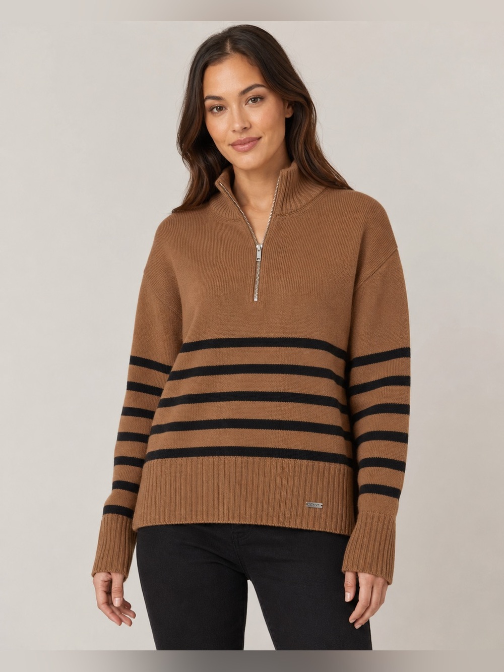 NWT DKNY Brown Striped Quarter Zip Turtleneck Sweater Medium